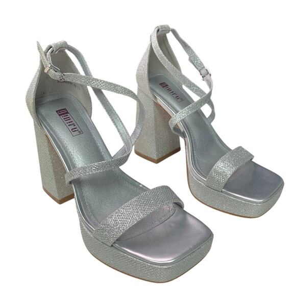 Idifu Womens 7.5 Silver Gillter Open Toe 4" Block Heel Ankle Strap Sandal Shoes - Picture 1 of 9